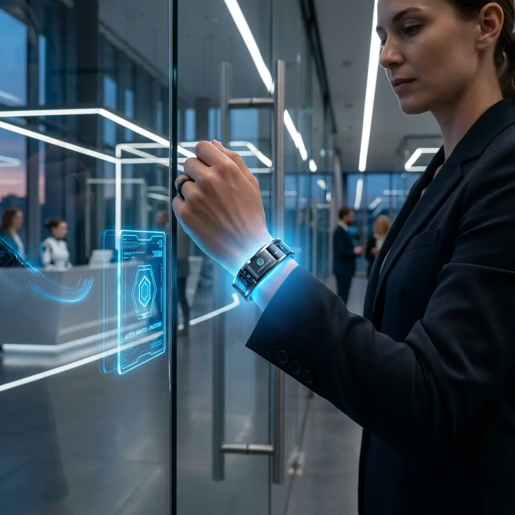 Une collaboratrice déverrouille une porte vitrée d'un geste, grâce à son bracelet connecté NXstep.