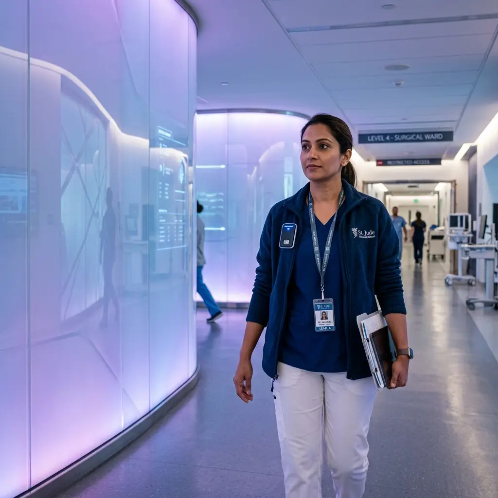 Une soignante circule dans un service hospitalier sécurisé, badge et capteur d'accès NXstep sur elle.
