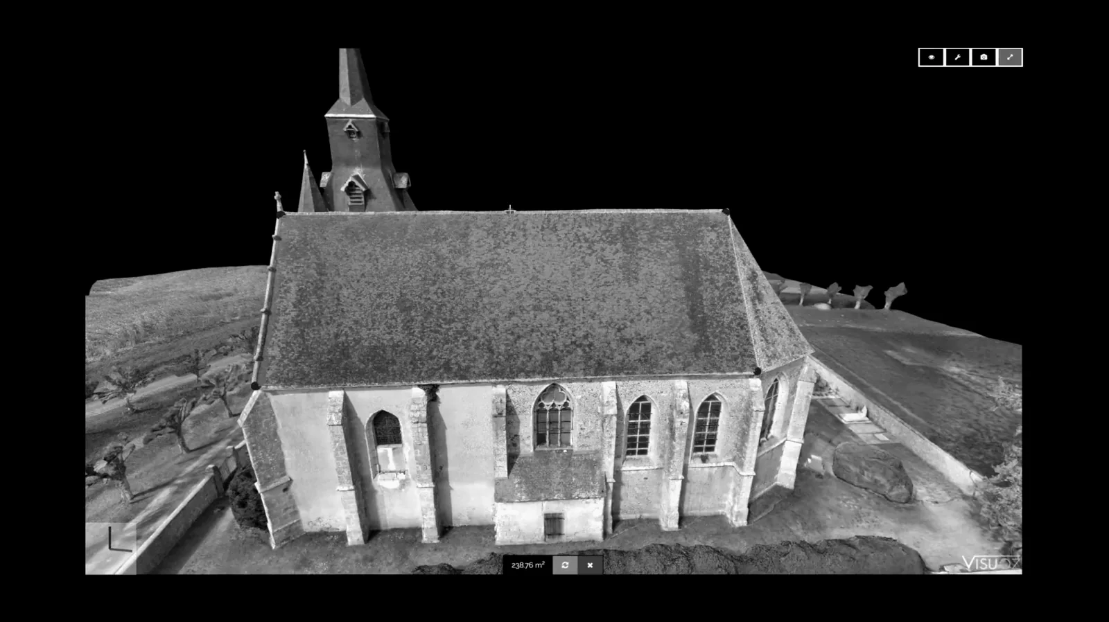 Modèle photogrammétrique d'une église avec prise de mesure d'une toiture de 238,76 m²