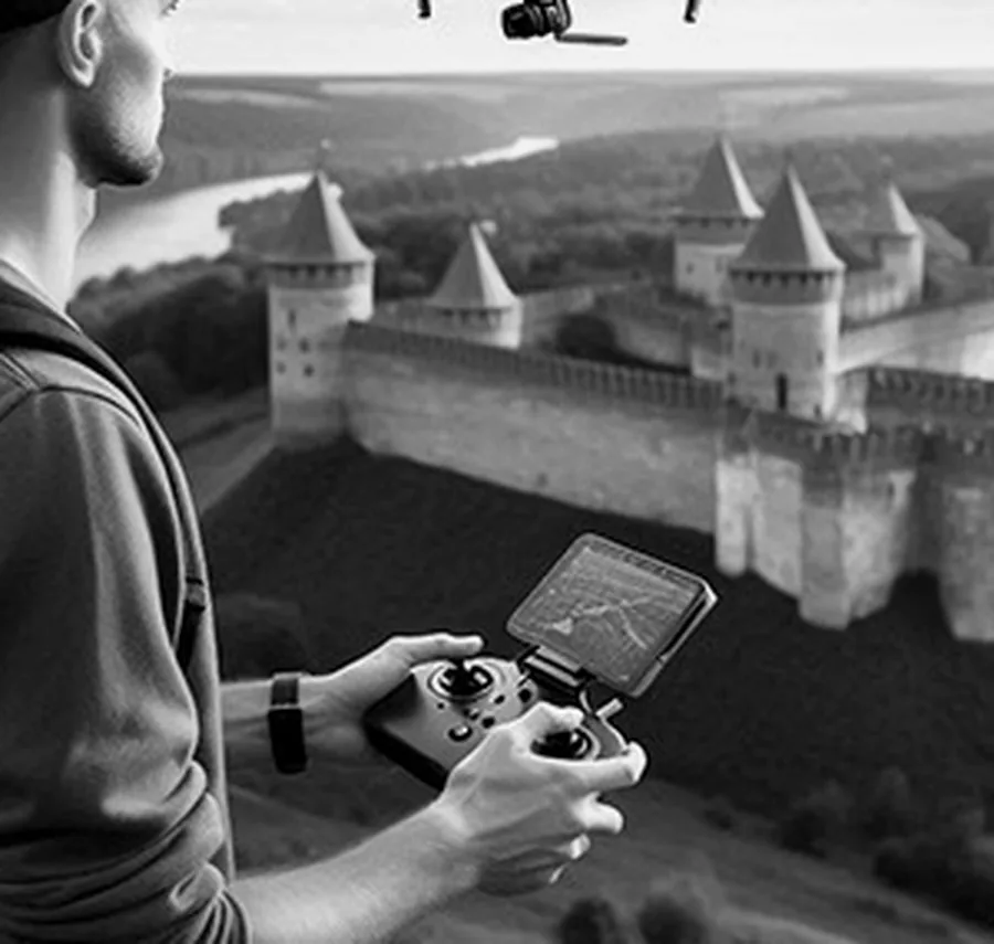 Télépilote de drone en opération au-dessus d'un monument